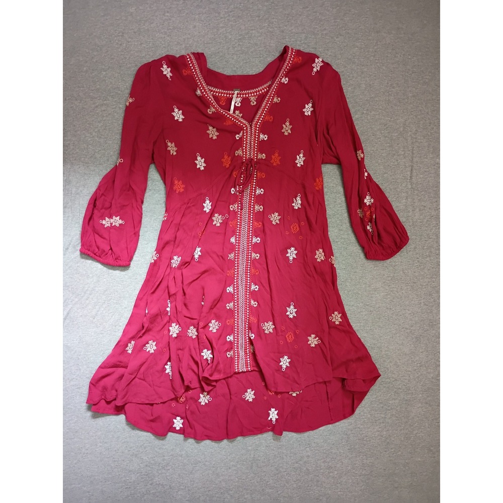Free People Stargazer V-Neck Mini Dress Red Boho Long Sleeve Medium Embroidery